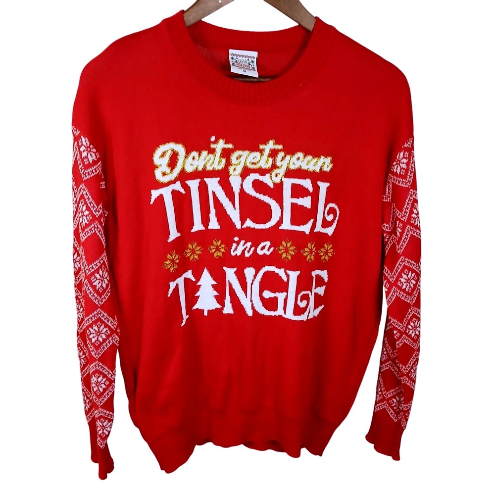 Red Christmas Sweater‎ Womens Holiday Tinsel Tangle Crew Neck Long Sleeve M